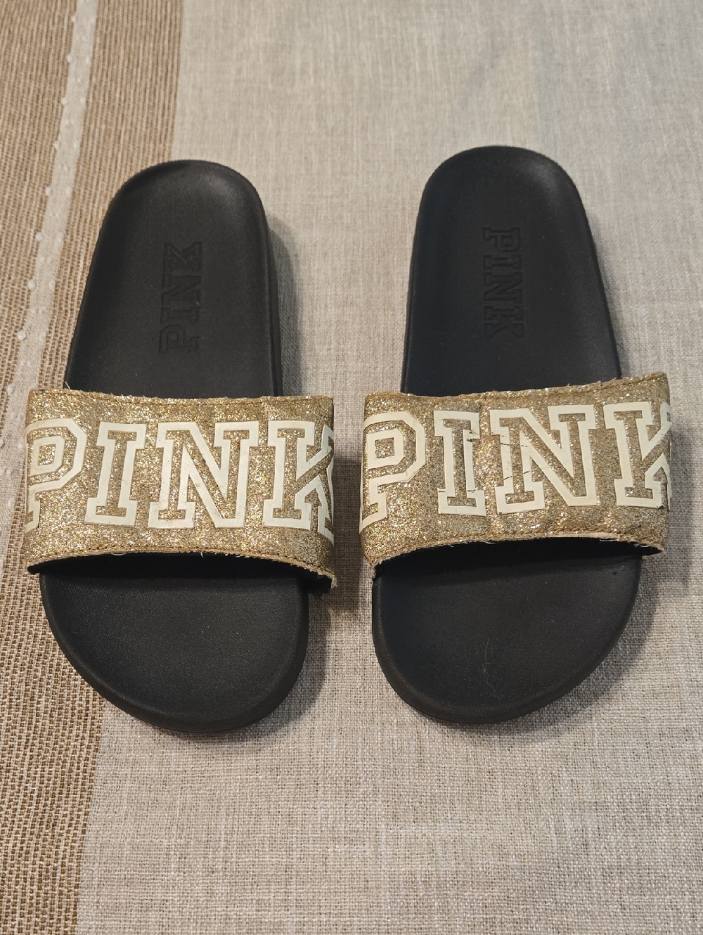 PINK Victorias Secret Gold Glitter Slide Sandals